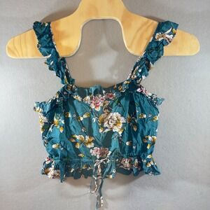 523 | Vacate The Label Womens Small Floral Ruffle Crop Top Teal Blue Boho